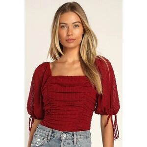 New Lulus Bodysuit Womens L Burgundy Think of Me Ruched Puff Sleeve Mesh NWT‎